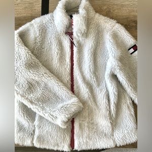TOMMY HILFIGER White Warm Fuzzy Full Zip Sherpa Jacket Coat Sz Large Womens